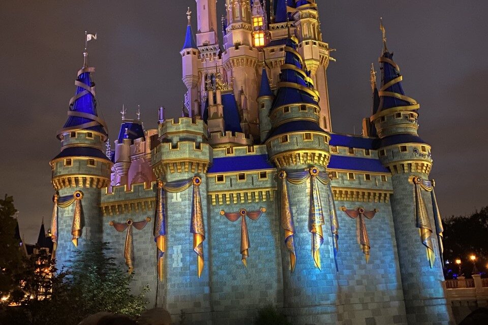 Castle at Disney World at night.