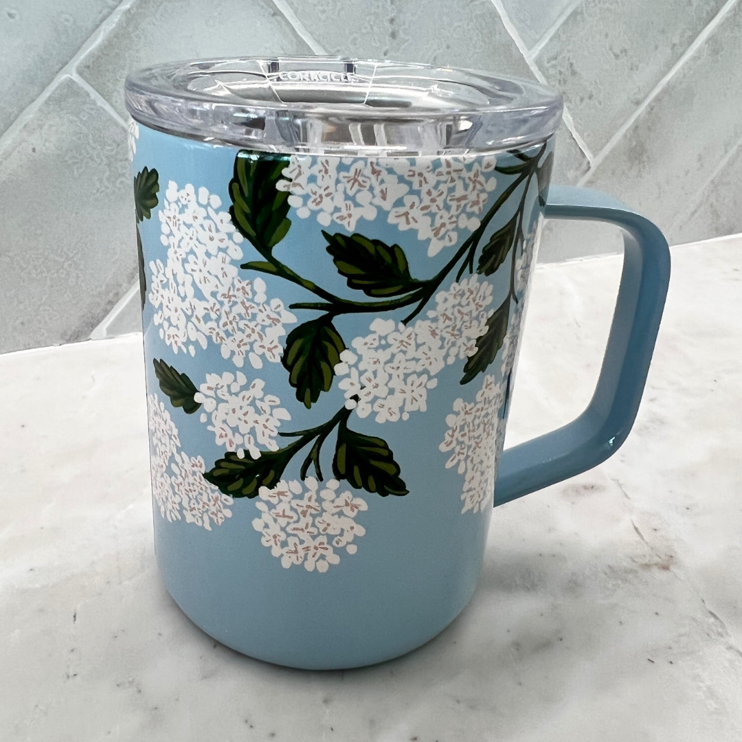 Corkcicle Paper Rifle Co. Coffee Mug, Insulated Travel Coffee Cup with Lid, Stainless Steel, Spill Proof for Coffee, Tea, and Hot Cocoa, Hydrangea Blue, 16 oz