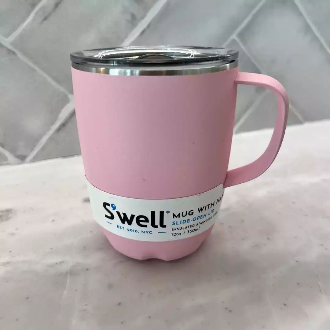 S'well Stainless Steel Travel Mug with Handle - 12oz - Pink Topaz - Triple-Layered Vacuum-Insulated Container Designed to Keep Drinks Cold and Hot - BPA-Free Water Bottle