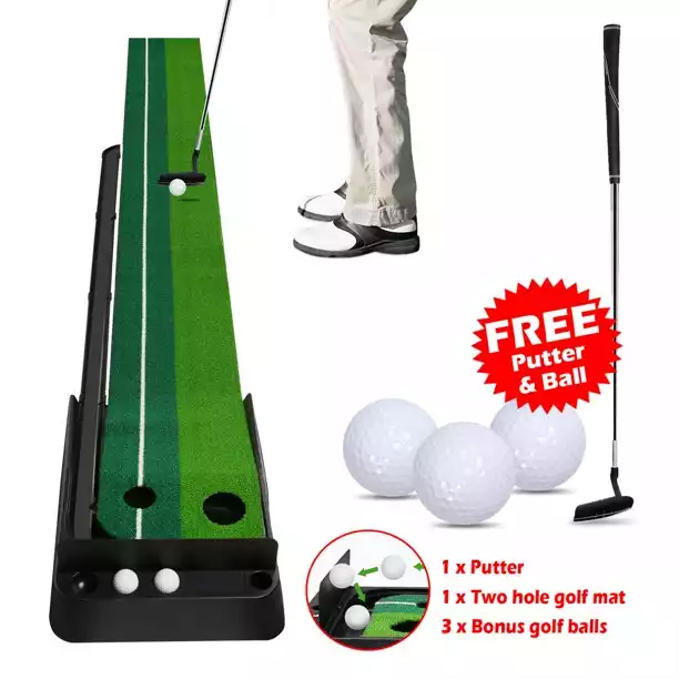 Indoor Golf Practice Mat Putting Green 8 Ft 250cm Mat Inclined Ball Return Fake Grass with 2 Holes + Putter + 3 Balls