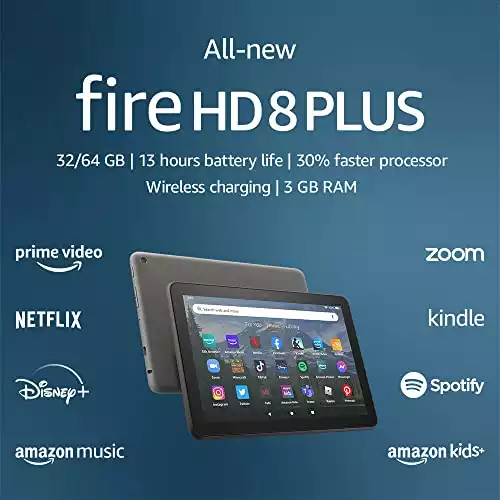 All-new Fire HD 8 Plus tablet, 8” HD Display, 32 GB, 30% faster processor, 3GB RAM, wireless charging, (2022 release), Gray