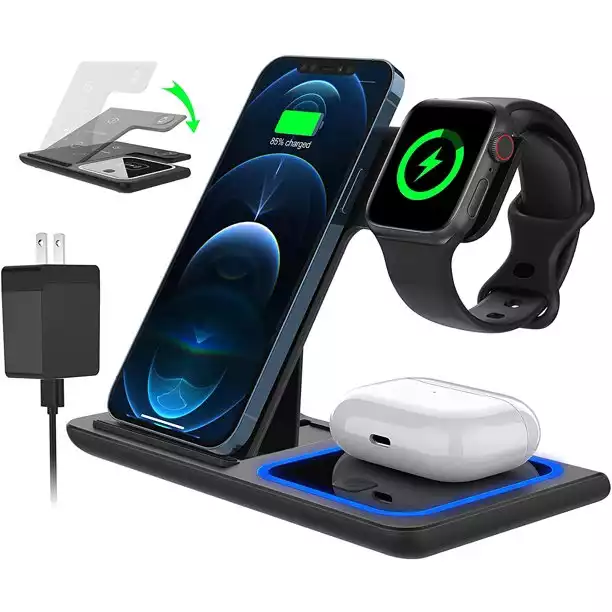 3 in 1 Wireless Charger, 18W Qi-Certified Fast Charger Pad Stand Charging Station Dock for iWatch Series SE 6/5/4/3 Airpods for iPhone 14/13/12 /11/Pro Max/12 Mini /XR Max 8 Plus (With QC3.0 Adapter)