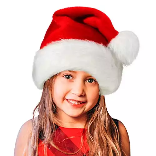 BOSONER Santa Hat,Xmas Holiday Hat for Kids,Unisex Velvet Comfort Christmas Hats Extra Thicken Classic Fur for Christmas New Year Festive Holiday Party Supplies