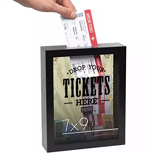 Americanflat 7x9 'Drop Your Tickets Here' Decorative Memento Memory Ticket Shadowbox Frame With Top-Loading Slot - For Sports, Concert, Movie Stub, Travel Keepsake. Polished Glass Front - Bl...