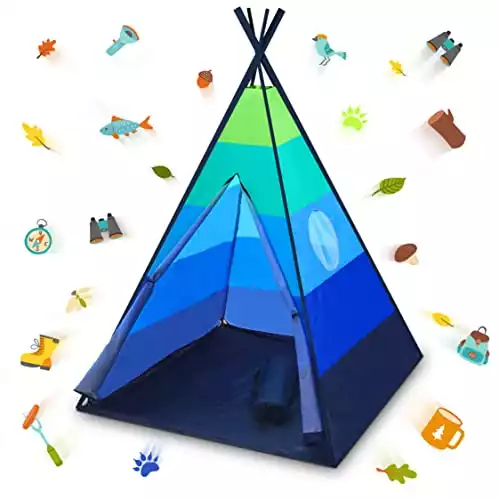 USA Toyz Happy Hut Teepee Tent for Kids - Indoor Pop Up Teepee Kids Playhouse Tent for Boys, Girls, Toddler Tent, Kids Tent Indoor Teepee with Portable Kids Play Tent Storage Bag, Kids Teepee (Blue)
