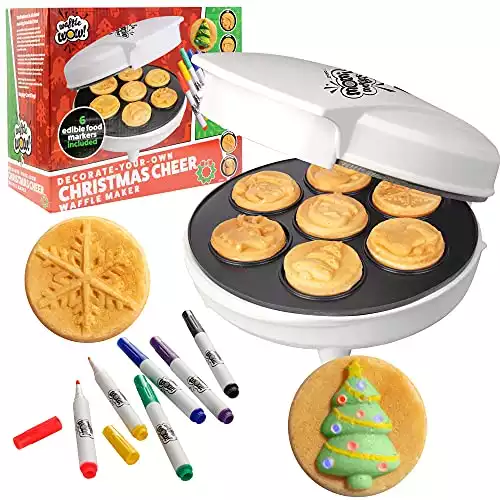 Christmas Holiday Waffle Maker w 6 Edible Food Markers- Make X-Mas Breakfast Fun w Delicious Decorated Pancakes or Waffles- Electric Nonstick Waffler Iron, Fun Gift for Kids & Adults, Family Activ...