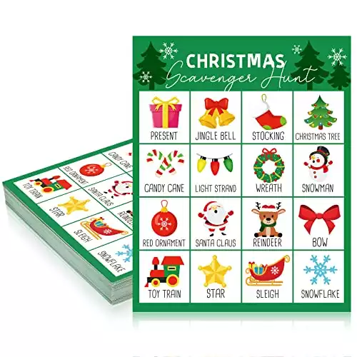 50 Pieces Christmas Scavenger Hunt Cards Christmas Party Game Fun Family Games for Kids and Adults Indoor Outdoor Activities Family Party Supplies