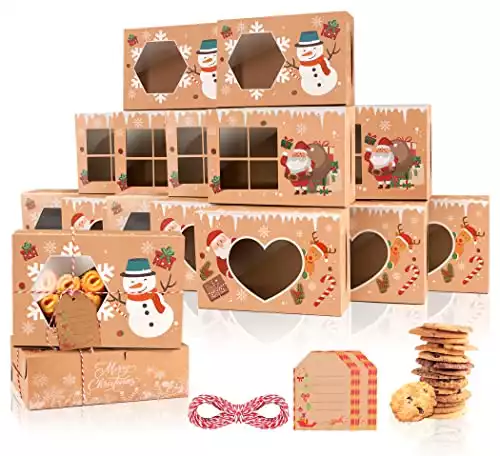 12 Pack Christmas Cookie Boxes（10“X6.5“X3“） for Gift Giving,Holiday Bakery Cupcake Boxes with Window,Christmas Eve Pastry Boxes with Ribbons and Tags for Xmas Party Supplies cookie container...