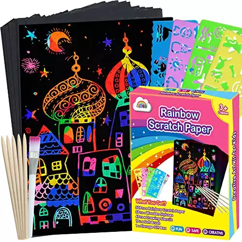 ZMLM Scratch Paper Art Set, 60 Pcs Rainbow Magic Scratch Paper for Kids Black Scratch it Off Art Crafts Kits Notes Sheet with 5 Wooden Stylus for Girl Boy Halloween Party Game Christmas Birthday Gift