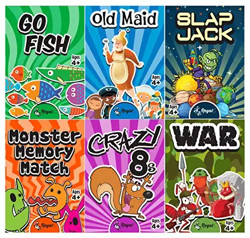 Regal Games - Kids Classic Card Games - Includes Old Maid, Go Fish, Slapjack, Crazy 8's, War, and Silly Monster Memory Match- for Family Game Nights, Parties - Set of 6 Games