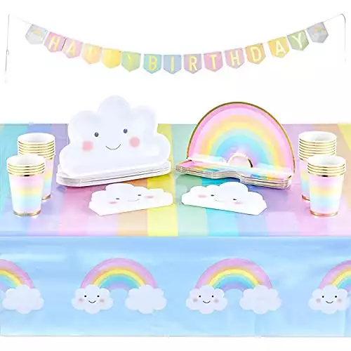 99 Pieces Rainbow Party Supplies, Pastel Dinnerware, Tablecloth, Happy Birthday Banner Decoration (Serves 24)