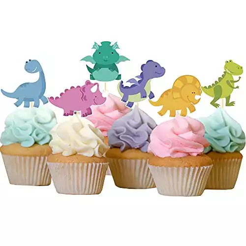 24pcs Dinosaur Cupcake Toppers, Boys Kids Birthday Party Dino Theme Party Cake Decorations Picks for Cute Baby Shower Party Supplies