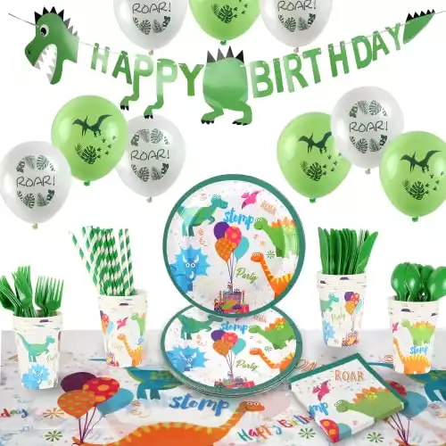 All-in-One Dinosaur Party Supplies, Dinosaur Party Plates, Napkins, Cups, Utensils, Table Cover - Dinosaur Birthday Party Decorations for Boys and Girls (Serves 16)