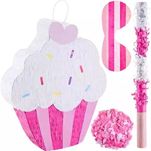 15.7 Inch Cupcake Pinata for Birthday Party Supplies, with Stick, Blindfold and Confetti for Kids Girls Baby Shower Candy Donut Ice Cream Pinata Party Supplies Hawaii Party Decoration Prop (Cute)
