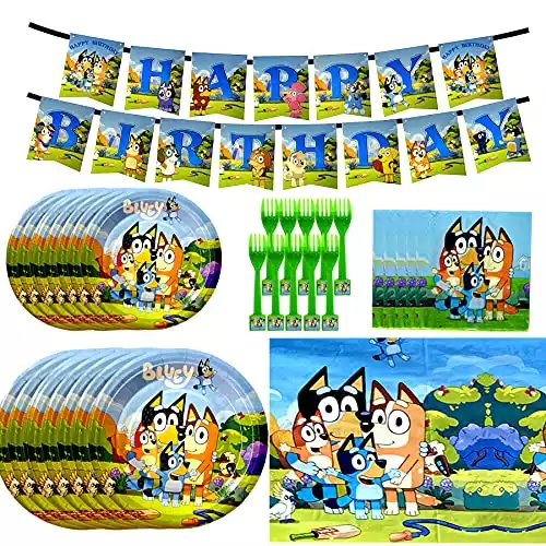 Blue Dog Birthday Party Supplies Set, Dog Game Theme Party Decoration includes Happy Birthday Banner, Tablecover, Napkins, Plates, Forks For Boys And Girls