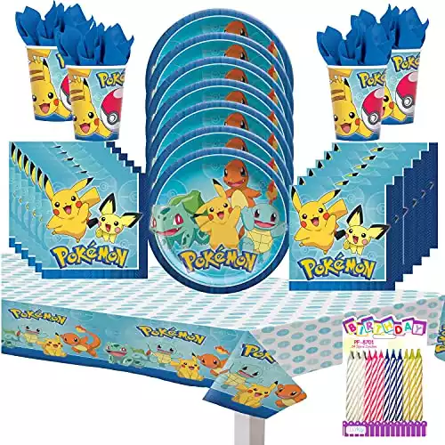Pokémon Party Supplies Pack Serves 16: Dinner Plates Napkins Cups and Table Cover with Birthday Candles (Bundle for16)