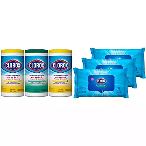 Clorox Disinfecting Wipes Value Pack, 3x 75ct Crisp Lemon and Fresh Scent Canister and 3x 75ct Easy Pull Moisture Seal Pack
